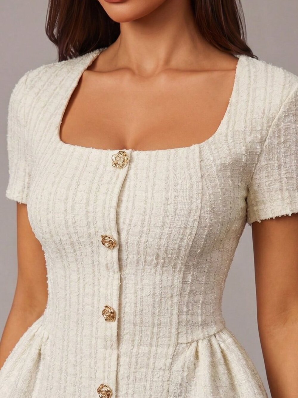 Apricot Casual Tweed Women's Mini Dress with Square Neckline and Button Details - Picture 5 of 6
